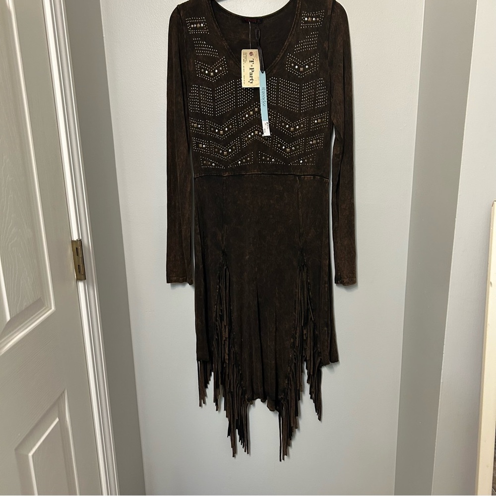 T Party Beaded Embroidered Fringe Mini Dress Mineral Wash Womens M Western Rodeo